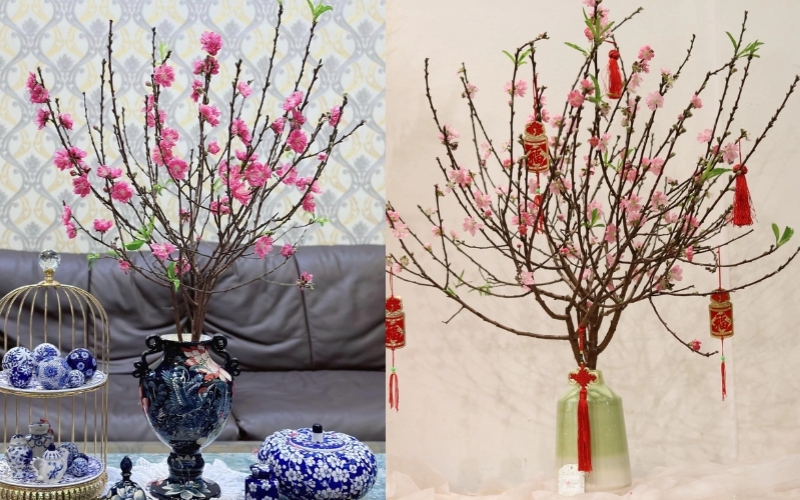 Cách cắm cành đào trong bình cổ thấp