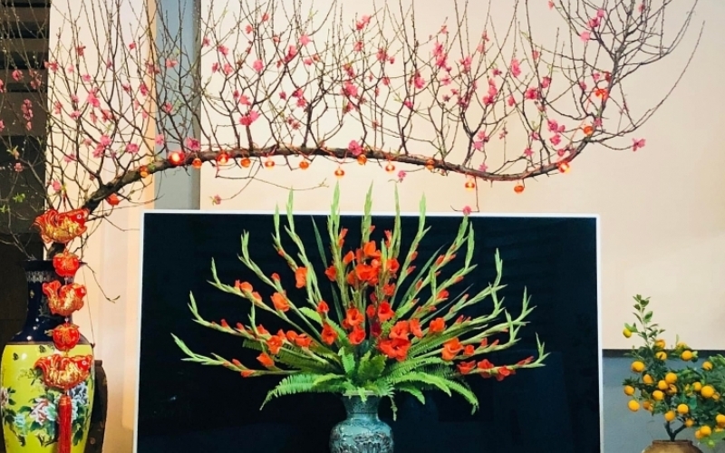 Cắm hoa đào huyền cành to cần cố định lại để không bị đổ