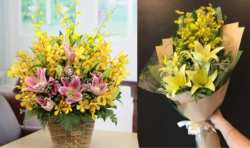 Cắm bình hoa đẹp mix hoa lan, hoa ly kép