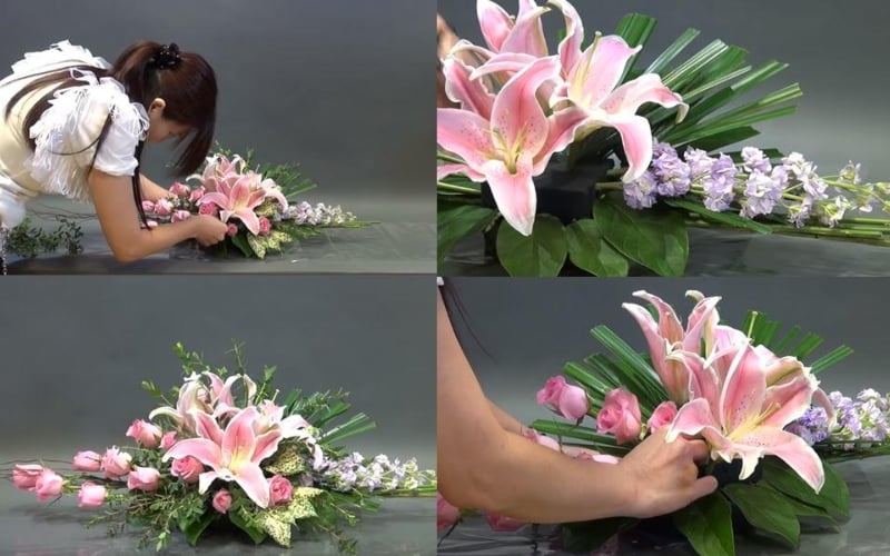 Cắm hoa ly với đĩa thuyền dài