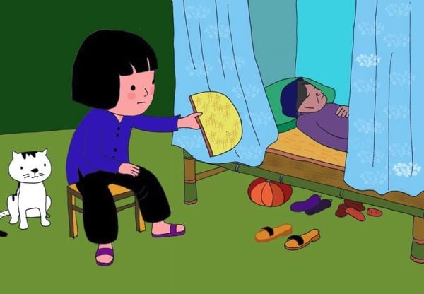 Tranh vẽ cảnh cháu đang quạt cho bà ngủ. Tặng bà nhân dịp 20/10.