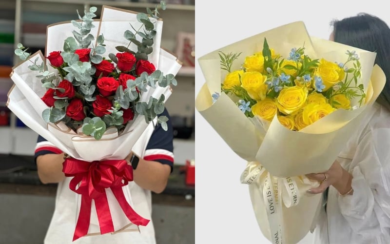 Bó Hoa Hồng Đỏ Tình Đắm Say - HBD210 và Bó hoa hồng vàng - Sunshine Bliss -HBD272
