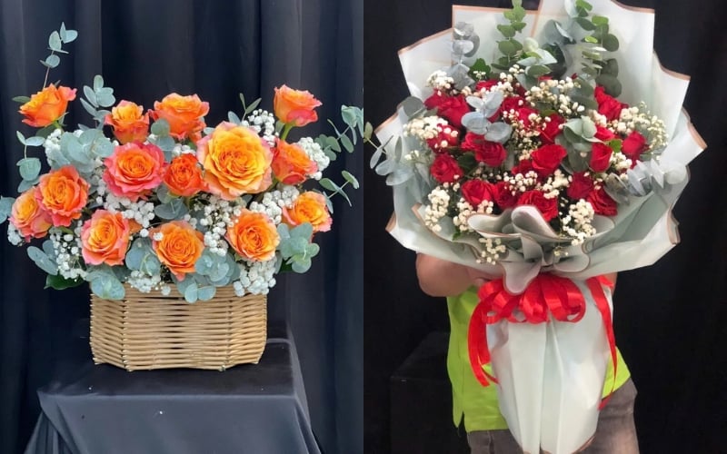 Giỏ Hoa Hồng Cam Tặng Khai Trương - HG60 và Bó Hoa Hồng Đỏ Chân Thành - HBD142
