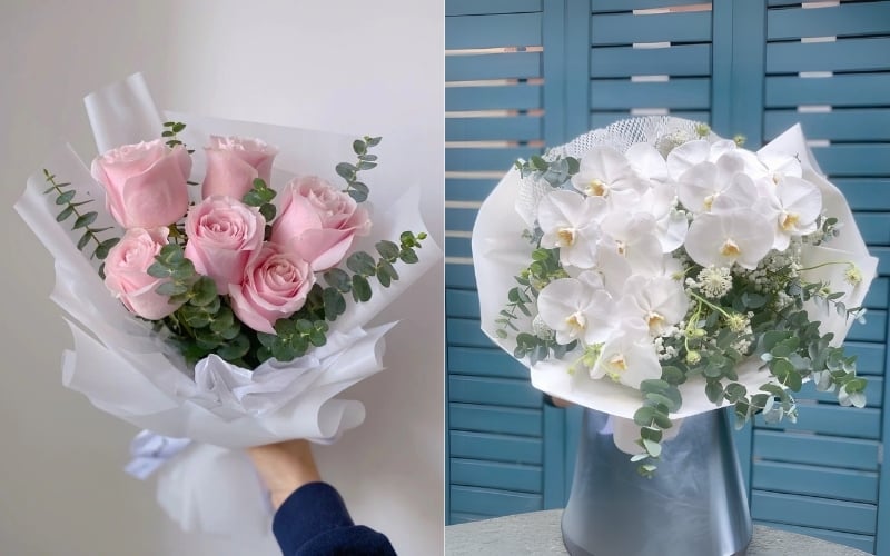 Hoa sinh nhật tặng mẹ có thể là một bó hồng phấn hoặc một bó lan hồ điệp trắng nhẹ nhàng, thể hiện tình yêu thương