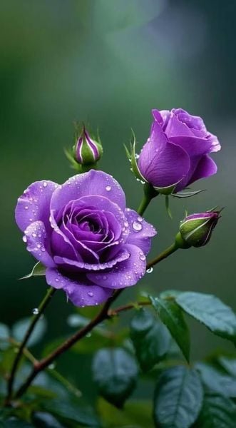 Hình ảnh hoa hồng tím long lanh dưới sương sớm