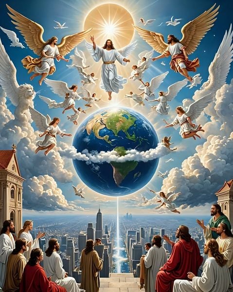 Avatar Facebook hình ảnh Chúa Giêsu giang tay trên trái đất được bao quanh bởi các thiên thần