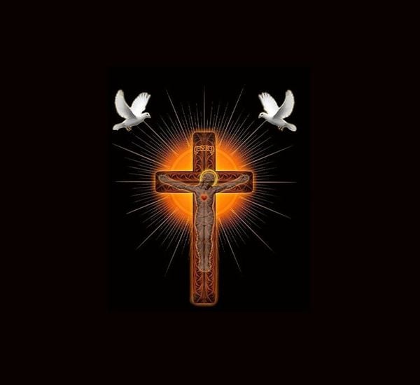 Hình thập giá bao quanh bởi ánh mặt trời cam rực rỡ, có hình ảnh Chúa Giêsu đóng đinh với trái tim đỏ tỏa sáng