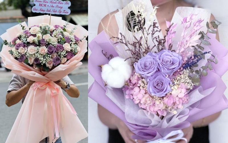 Hoa hồng tím mix hoa baby tặng tốt nghiệp ấn tượng