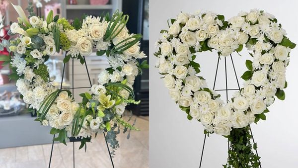 Kệ hoa hồng trắng đám tang trái tim: Kết 99 bông hồng trắng, dành cho người mất trẻ.
