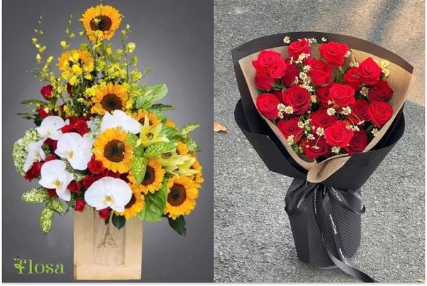 Một trong những gợi ý hoa sinh nhật cho cha mẹ: hộp hoa hy vọng và bó hoa hồng đỏ