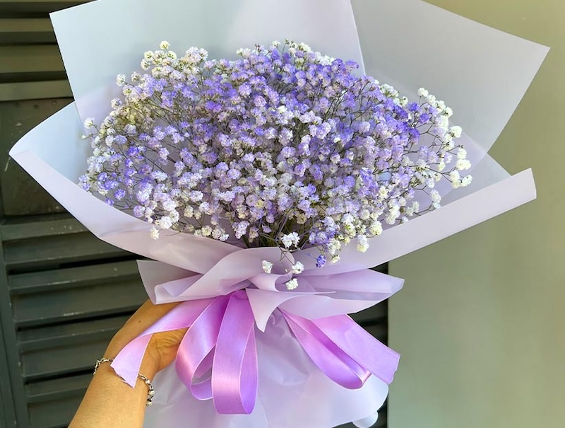 Bó baby trắng xen tím nhạt, biểu tượng của tình bạn giản dị nhưng sâu sắc.