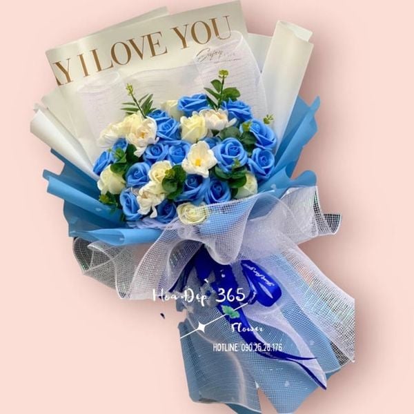 Hoa hồng sáp Blue and White Bouquet - HST07 mix 2 màu đẹp huyền bí