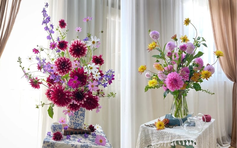 Mẫu cắm hoa thược dược trong bình cao