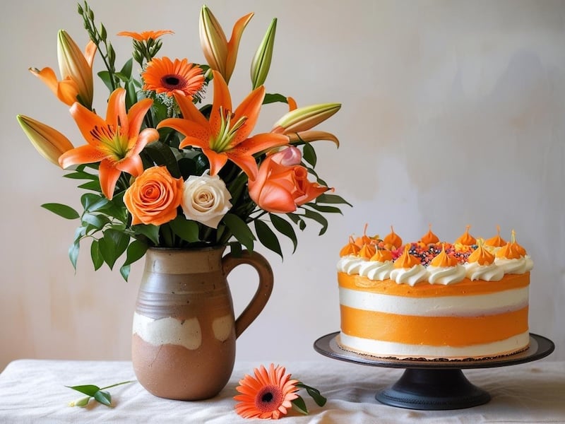 Ảnh bó hoa màu cam và bánh sinh nhật đẹp tặng mẹ dịu dàng