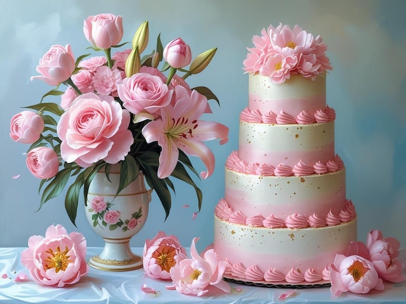 Ảnh hoa hồng pastel và bánh sinh nhật