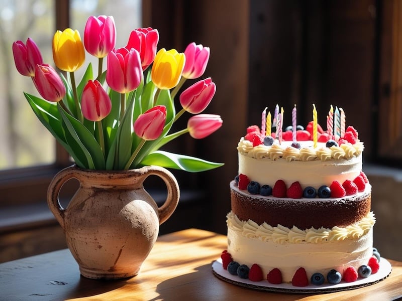 Hình ảnh bó hoa tulip và bánh kem tặng sinh nhật mẹ