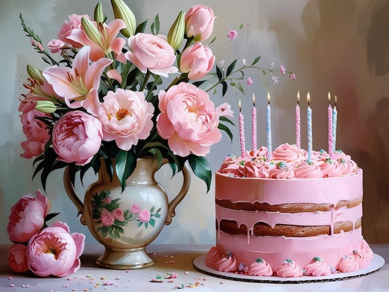 Ảnh hoa hồng phấn và bánh sinh nhật đẹp tặng con gái yêu kiều