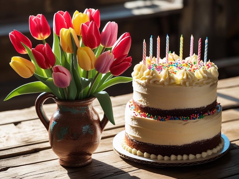 Ảnh bó hoa tulip và bánh sinh nhật đẹp tặng vợ lãng mạn