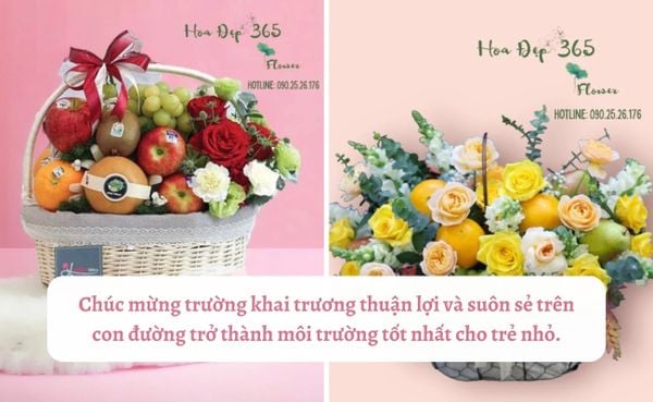 Lời chúc khai trương trường mầm non trên giỏ hoa trái cây