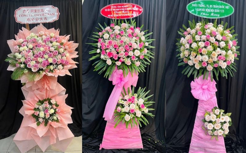 Lẵng hoa chúc mừng màu hồng tại Flosa