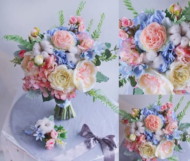 Mẫu bó hoa cưới cẩm tú cầu và hoa mẫu đơn