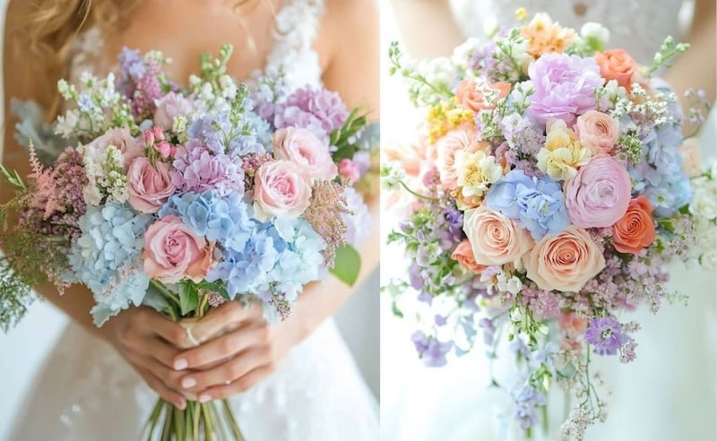 Mẫu bó hoa cưới cẩm tú cầu đa sắc kết hợp hoa mao lương