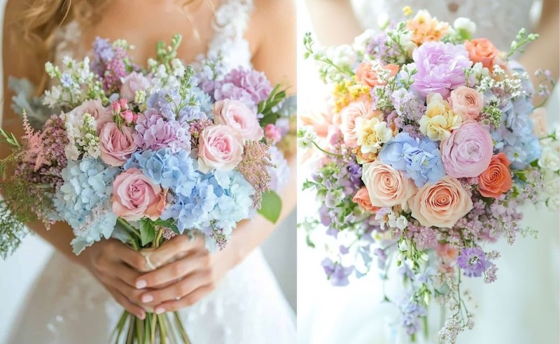 Váy cưới đơn giản phù hợp với bó hoa cưới cầm tay lớn