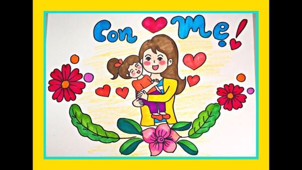 Bức tranh vẽ mẹ và bé vô cùng đáng yêu.