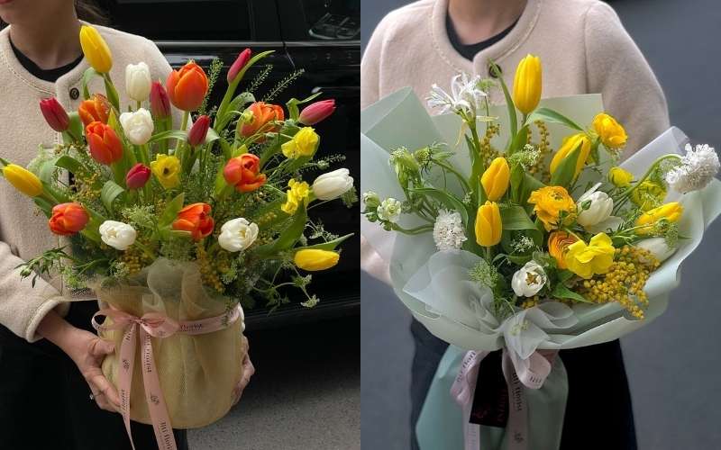 Hai mẫu giỏ hoa Tulip và bó hoa Tulip đẹp phù hợp tặng người thân, bạn bè