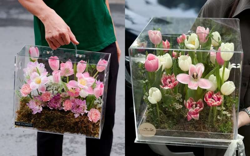 Mẫu hộp hoa Tulip tone hồng thích hợp tặng mẹ hoặc người yêu