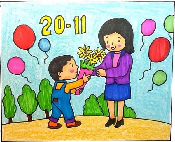 Vẽ tranh 20-11 đơn giản đẹp lớp 1, lớp 2, lớp 3