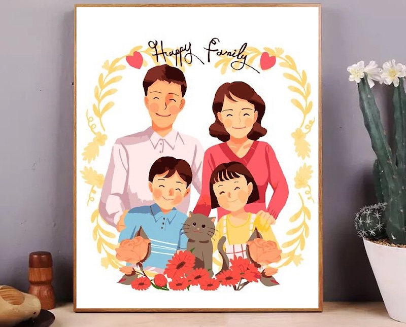 Bức tranh gia đình vẽ theo phong cách chibi