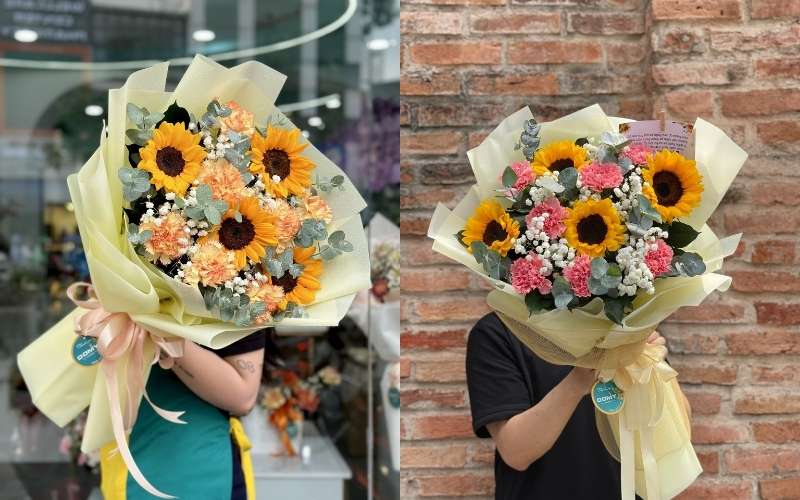 Mẫu bó hoa hướng dương mix cẩm chướng điểm xuyết thêm hoa baby trắng