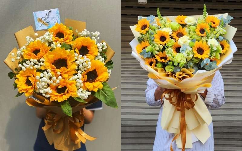 Mẫu 2 bó hoa hướng dương mix hoa hồng và hoa baby