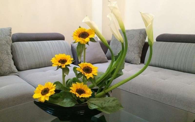 Mẫu hoa hướng dương mix hoa ly cắm trên dĩa đơn giản