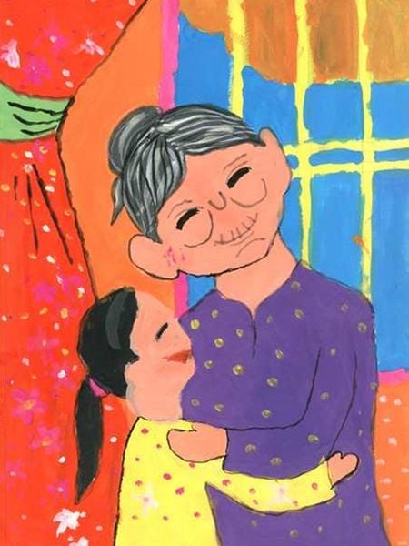 Bức tranh vẽ mang chủ đề: “Cháu yêu bà nhiều lắm”.