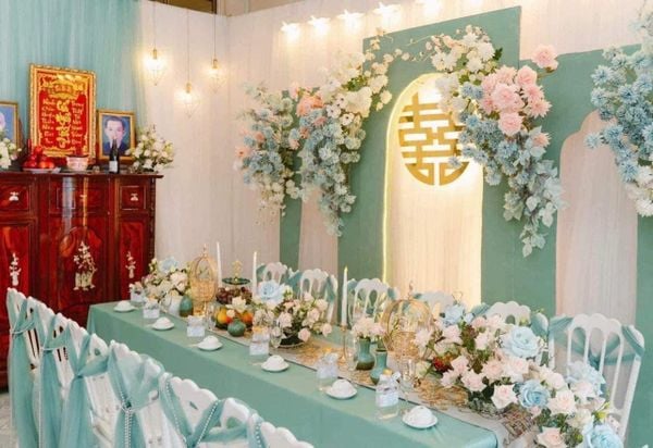 Xanh mint cũng là một gợi ý cực hay ho cho việc bày trí và trang hoàng bàn gia tiên đám cưới dành cho bạn.