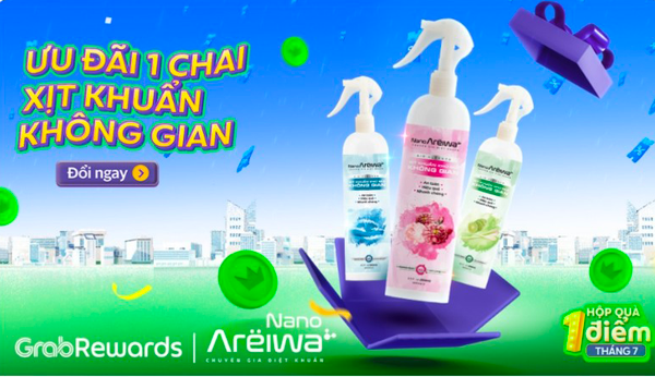 GrabRewards - Hộp quà bí ẩn tháng 7 - chỉ 1 điểm đổi ngay Chai Xịt Khuẩn Khử Mùi Không Gian Nano Areiwa 250ml trị giá 90.000 đồng