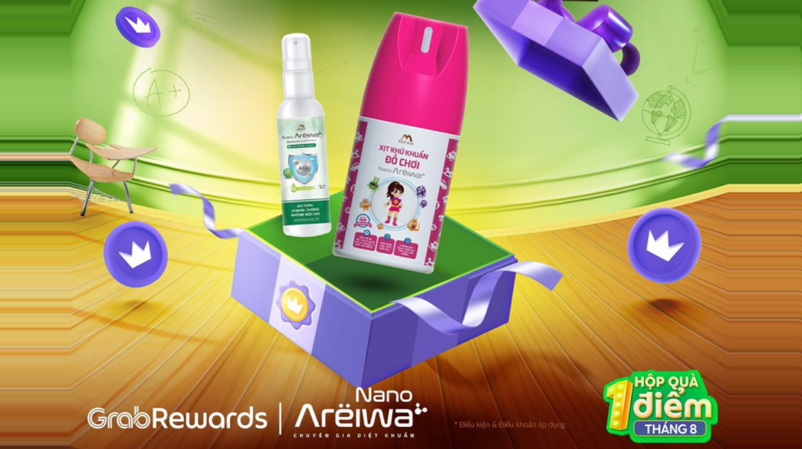 GrabRewards - Hộp quà bí ẩn tháng 8 - chỉ 1 điểm đổi ngay bộ sản phẩm Xịt Khuẩn cho trẻ nhỏ - Nano Areiwa - Chuyên gia diệt khuẩn