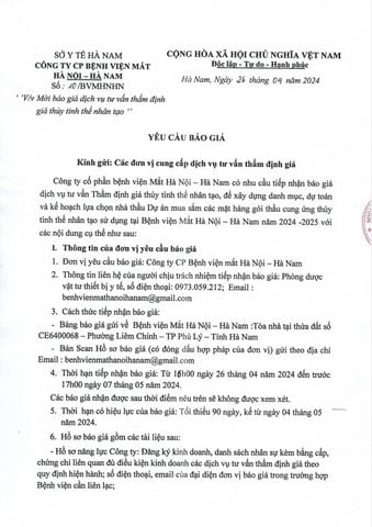 Bệnh Viện Mắt Hà Nội - Hà Nam mời chào giá gói thầu thẩm định mua sắm Thủy tinh thể nhân tạo năm 2024 - 2025