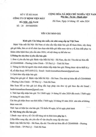Thư mời chào giá vật tư y tế năm 2024