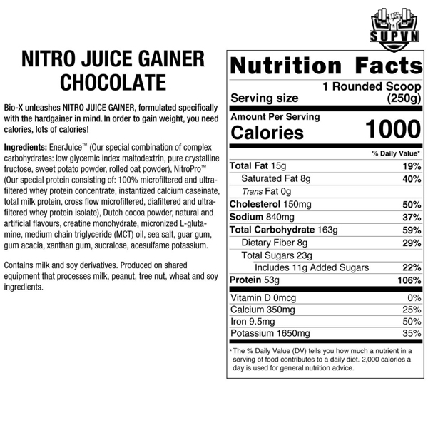 Nitro Juice Gainer Biox Nutrition fact