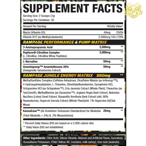 Pre Workout Rhino Nutrition facts thành phần dinh dưỡng