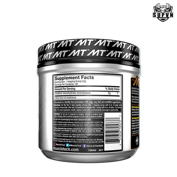 Platinum Creatine 80 Servings nutrition facts thành phần dinh dưỡng