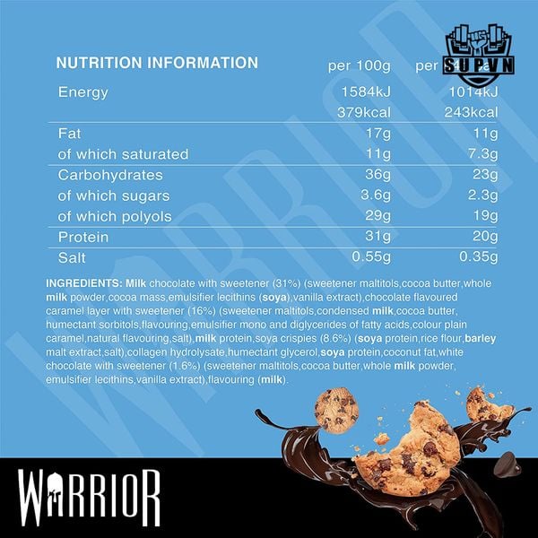 Warrior Crunch bar protein thành phần dinh dưỡng nutrition facts