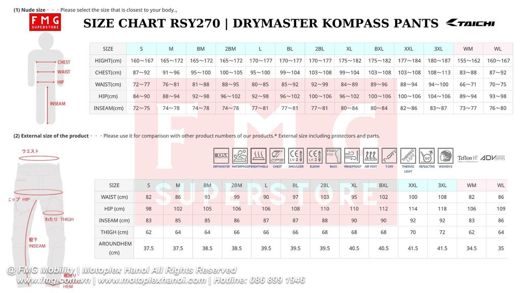 Size Quần Bảo Hộ Moto RS-Taichi RSY270 Drymaster Kompass Pants