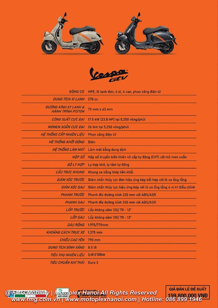 Thông số kỹ thuật xe Vespa GTV 300 2025