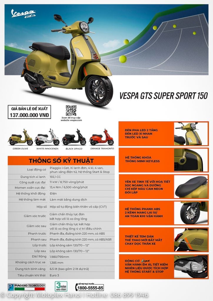 Giá xe Vespa GTS Super Sport 150 - 2023 và Thông số kỹ thuật xe Vespa GTS Super Sport 150 - 2023