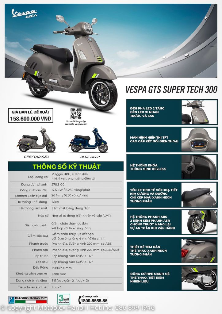 Giá xe Vespa GTS Super Tech 300 - 2023 và Thông số kỹ thuật xe Vespa GTS Super Tech 300 - 2023