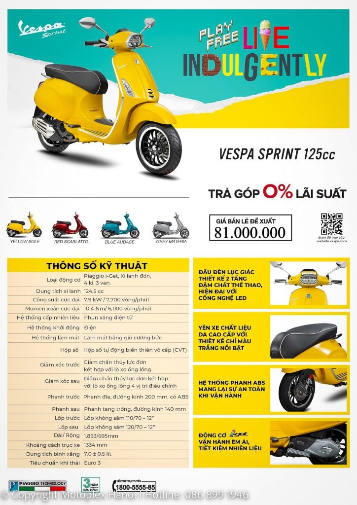 Giá xe Vespa Sprint 125 2023 và Thông số kỹ thuật xe Vespa Sprint 125 - 2023